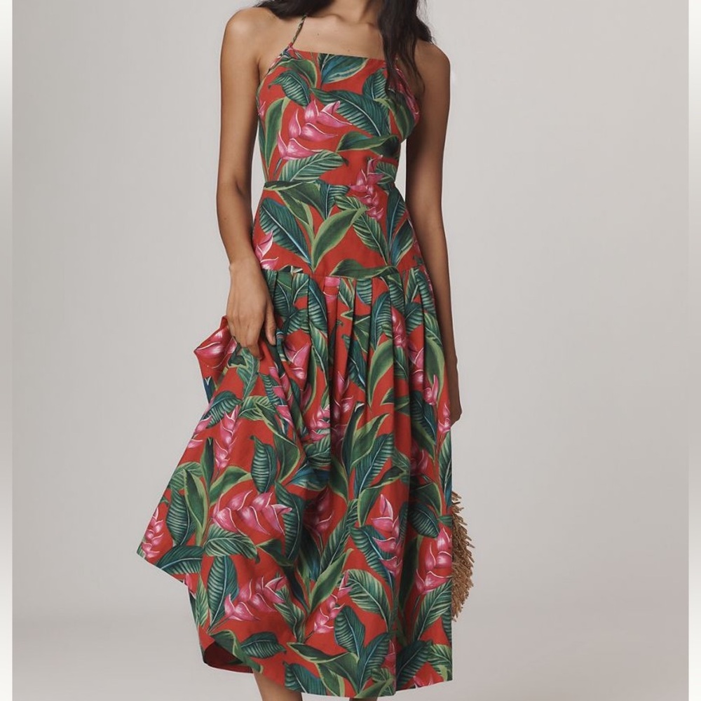 New FARM Rio Linen Blend Dream Garden Drop Waist Strappy Midi Dress